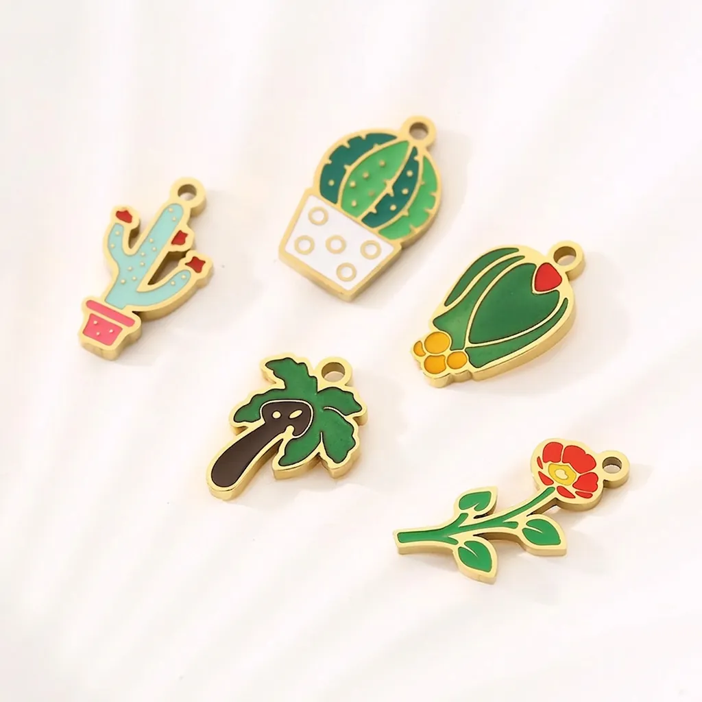 Stainless Steel Plant Charms Enamel Cactus Palm Tree Flower Leaf Pendants For DIY Jewelry Making Gold Plated
