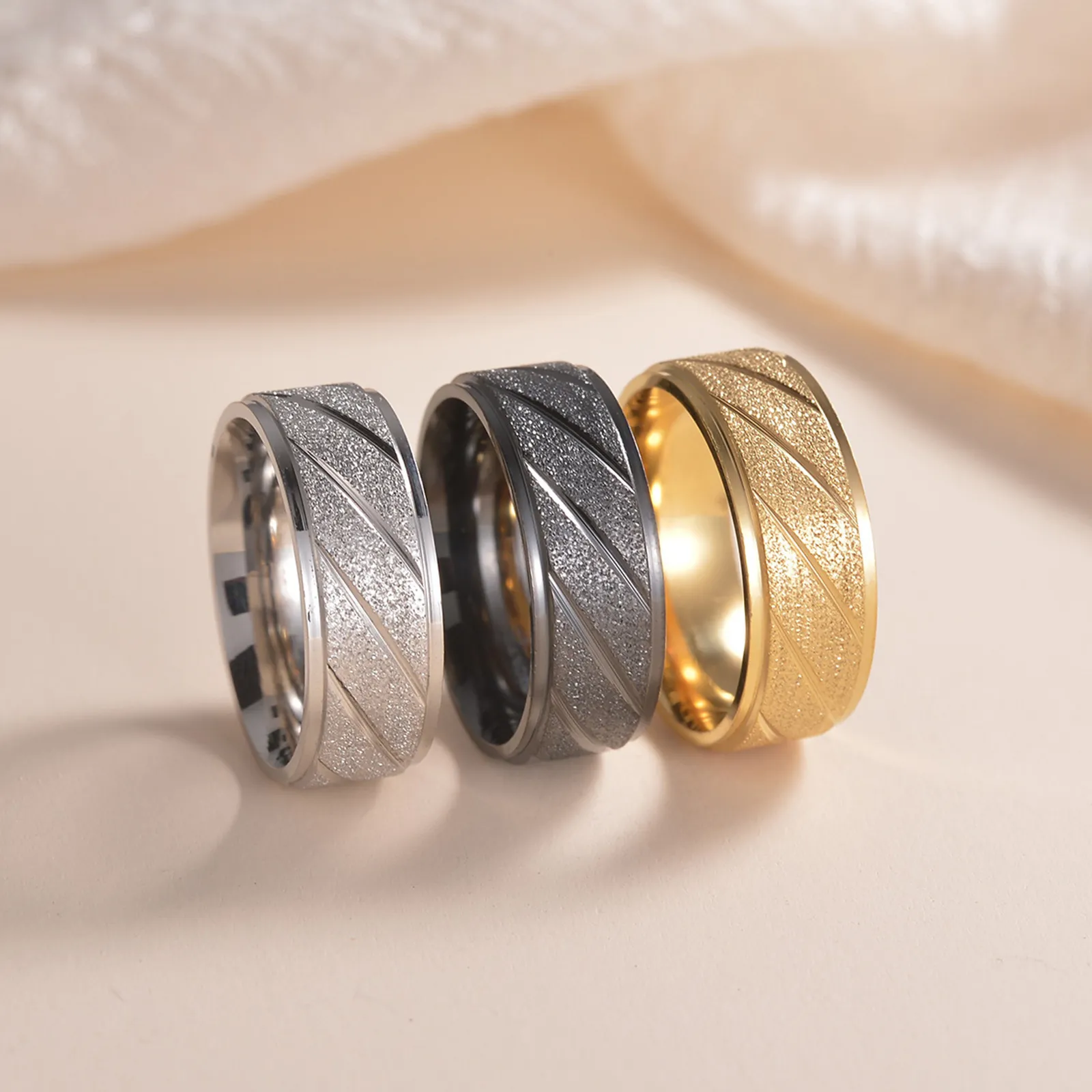 Edelstahl Ring Matt Sandgestrahlt Diagonal Twill Textur Modern Minimalistisch Mode Outdoor Hochzeitsring Für Männer