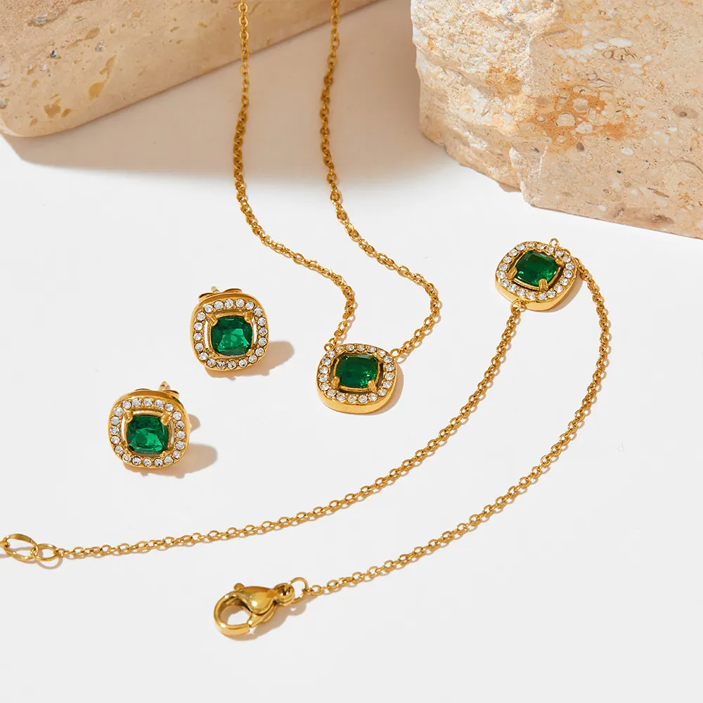 Française Luxe Carré Zircon Collier Boucles D'oreilles Bracelet Acier Inoxydable Géométrique Halo Bijoux Pour Femme Accessoire Élégant