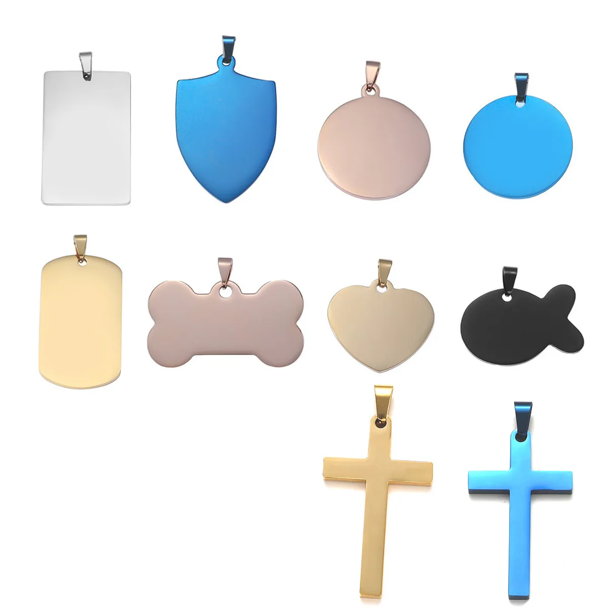 Stainless Steel Dog Tag Pendant Necklace Blank Bone Shield Heart Fish Shape Military Style Unisex Jewelry