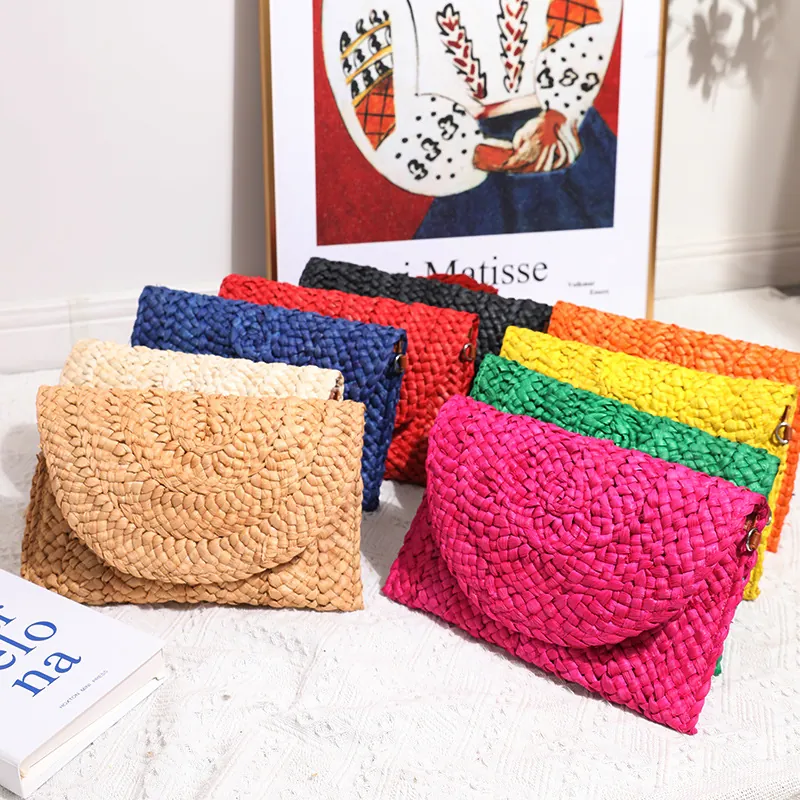 Pochette A Busta In Paglia Intrecciata A Mano Borsa Da Spiaggia Estiva Vacanze Moda Tinta Unita Per Donna