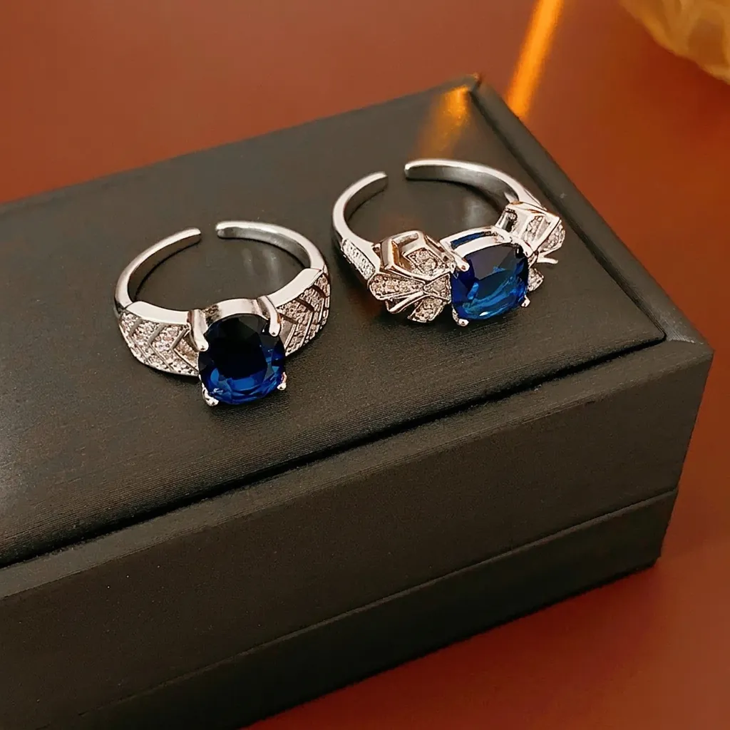 Bague Ouverte Ajustable Cuivre Zircone Cubique Pierre Bleue Géométrique Feuille Bijoux Mode Femmes