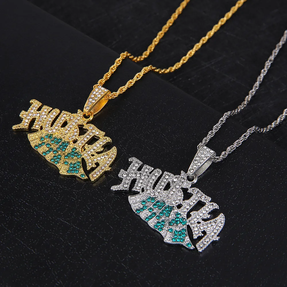 Pendant Necklace Alloy Zircon Iced Out Hustle Text Hip Hop Trendy Jewelry For Men And Women