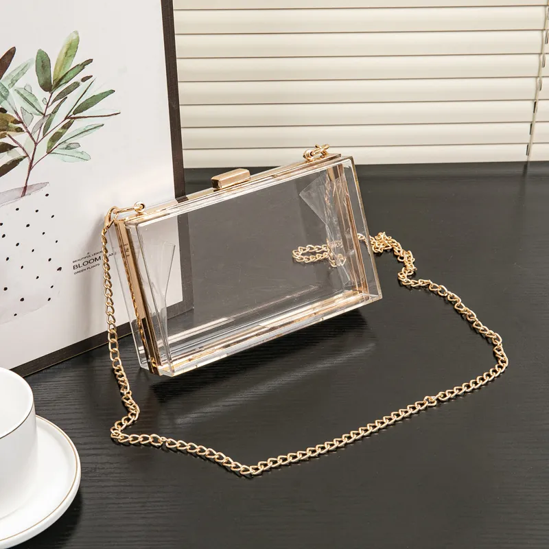 Acrylic Evening Bag Transparent Box Clutch With Detachable Chain Strap Metal Frame Elegant Purse For Women