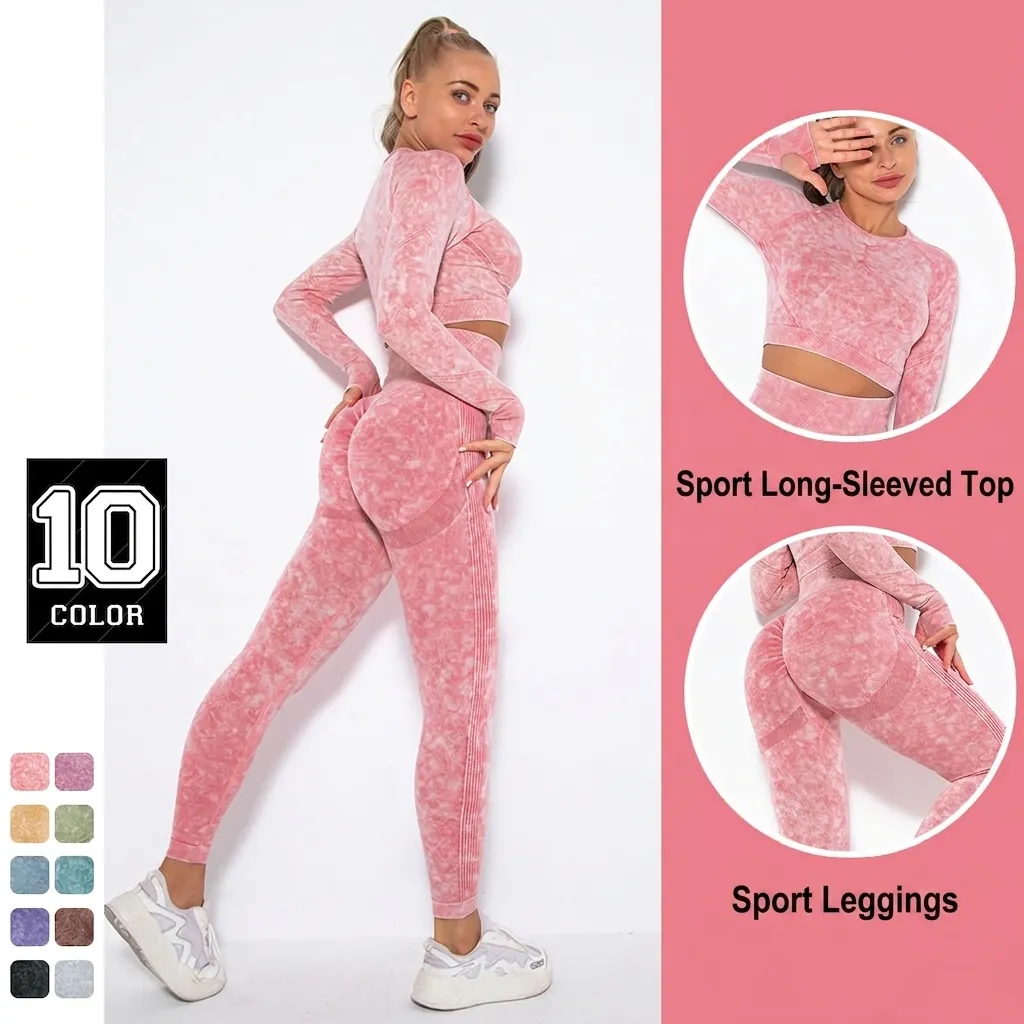 Nahtloses Yoga Outfit Damen Langarm Crop Top Und Leggings Mit Hoher Taille Acid Wash Workout Fitness Kleidung