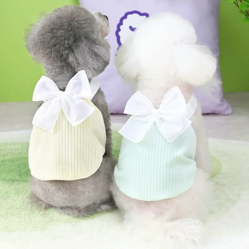 Pet Dog Vest Ribbed Knit Big Bow Summer Camisole Soft Breathable Clothes For Small Dogs Cats