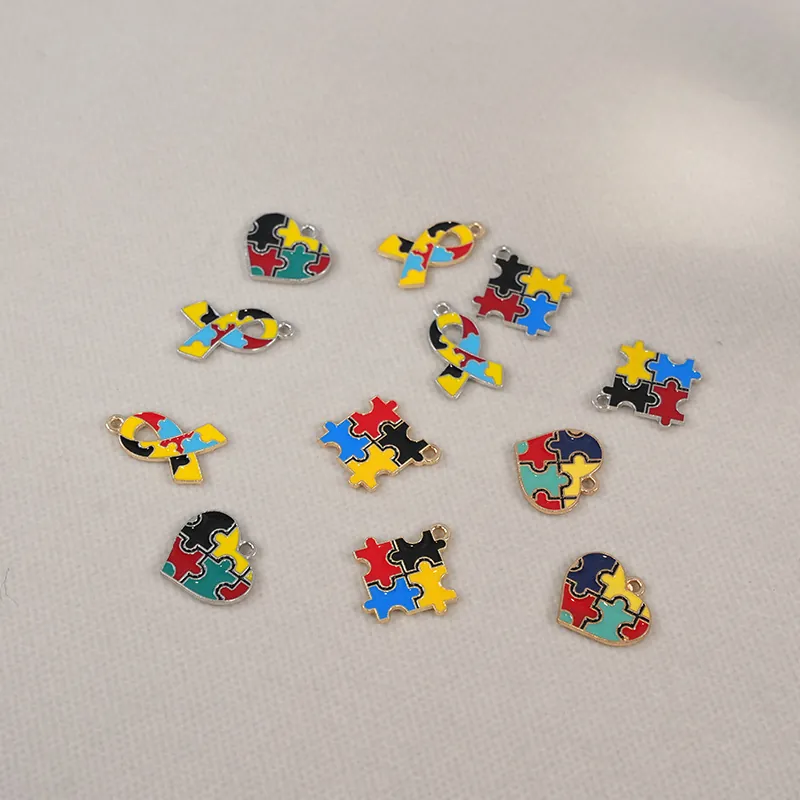 Pendentifs Puzzle Alliage Émail Goutte Huile Charmes Forme Cœur Ruban DIY Bijoux Sensibilisation Autisme
