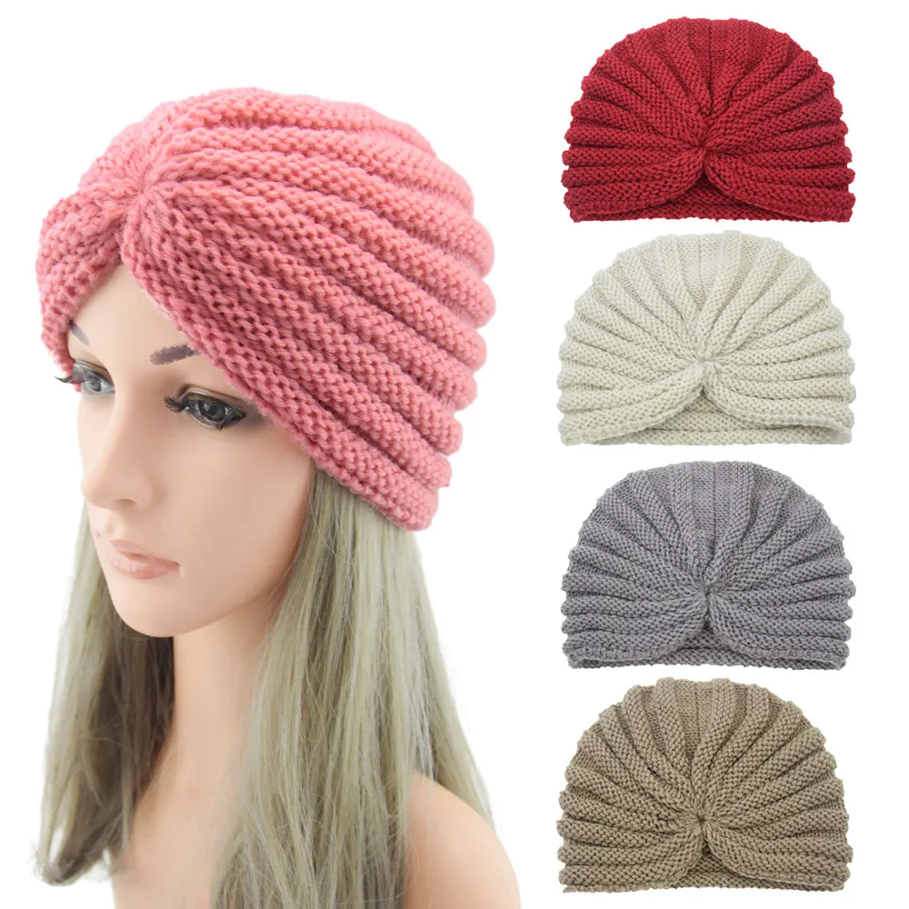 Women Turban Beanie Knit Hat Twist Knot Ribbed Warm Bohemian Head Wrap Solid Color Fashionable Winter Autumn Versatile