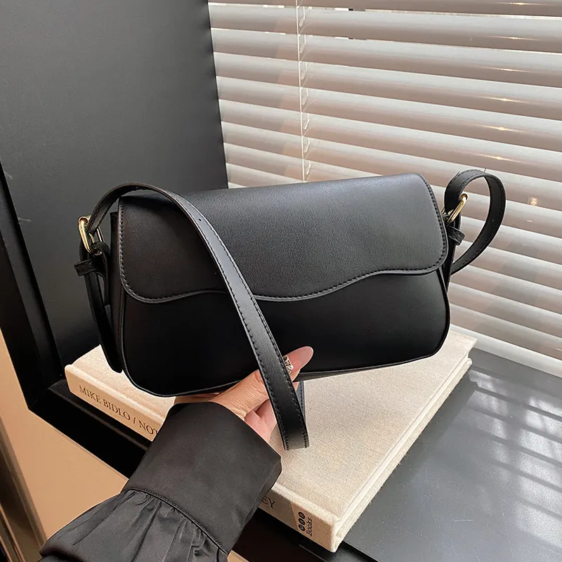 Women PU Leather Small Square Bag With Wave Edge Flap Adjustable Strap Casual Solid Color Underarm Crossbody Bag