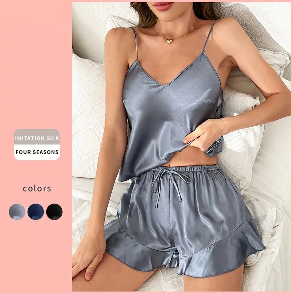 Haut À Bretelles En Satin Et Short À Volants Pyjama Imitation Satin Col En V Pour Femmes