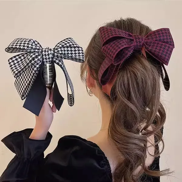 Large Bow Banana Hair Clip For Women Elegant Houndstooth Chiffon Fabric Hair Claw High Ponytail Holder Fashion Accessory