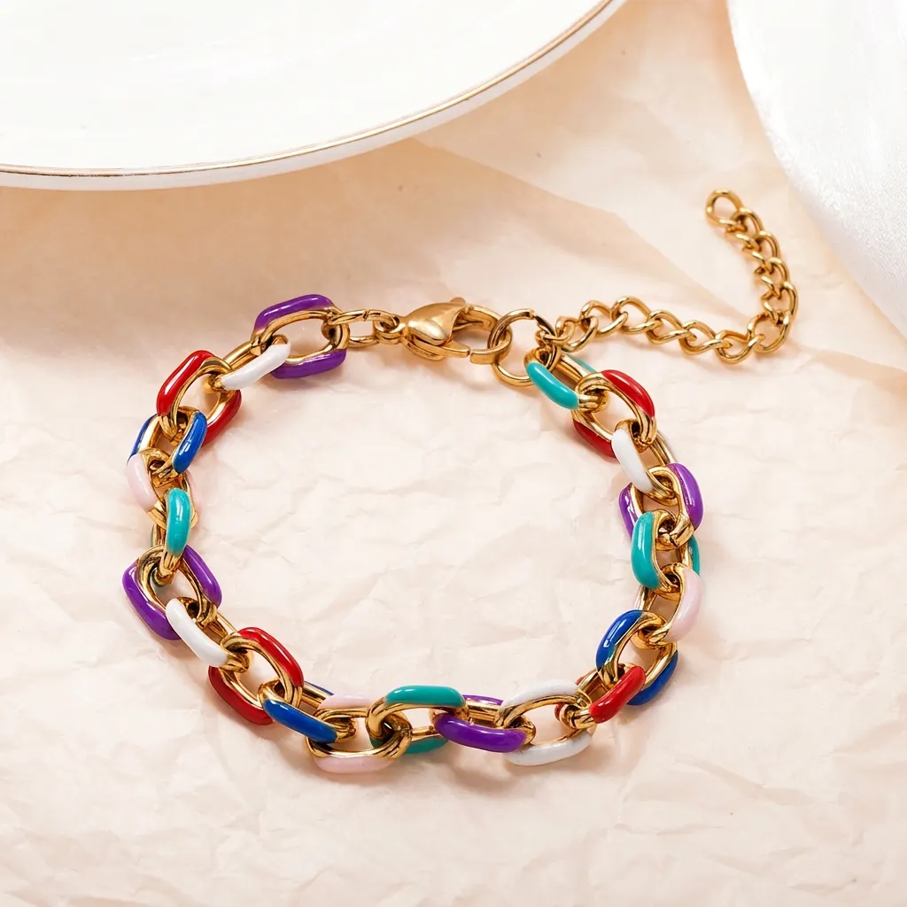 Bracelet Chaîne en Émail Multicolore en Acier Inoxydable Plaqué Or Goutte d'Huile Bijoux de Main Mode Haut de Gamme Réglable pour Femmes