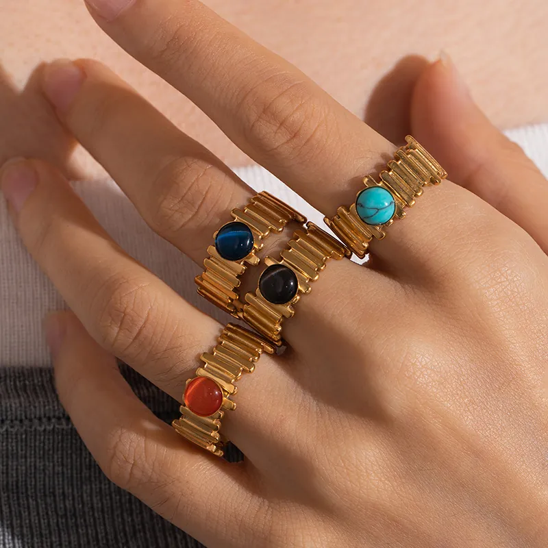 Vintage Stainless Steel Open Adjustable Ring For Women 18K Gold Plated Round Inlaid Natural Stone Striped Texture Ring