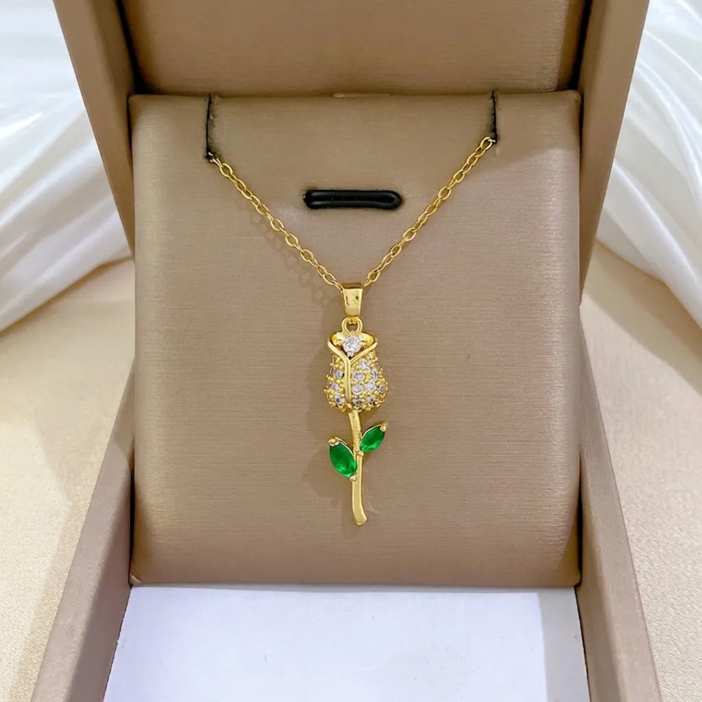 Rose Pendant Necklace Stainless Steel Chain Copper With White And Green Zircon Elegant Luxury Style For Women