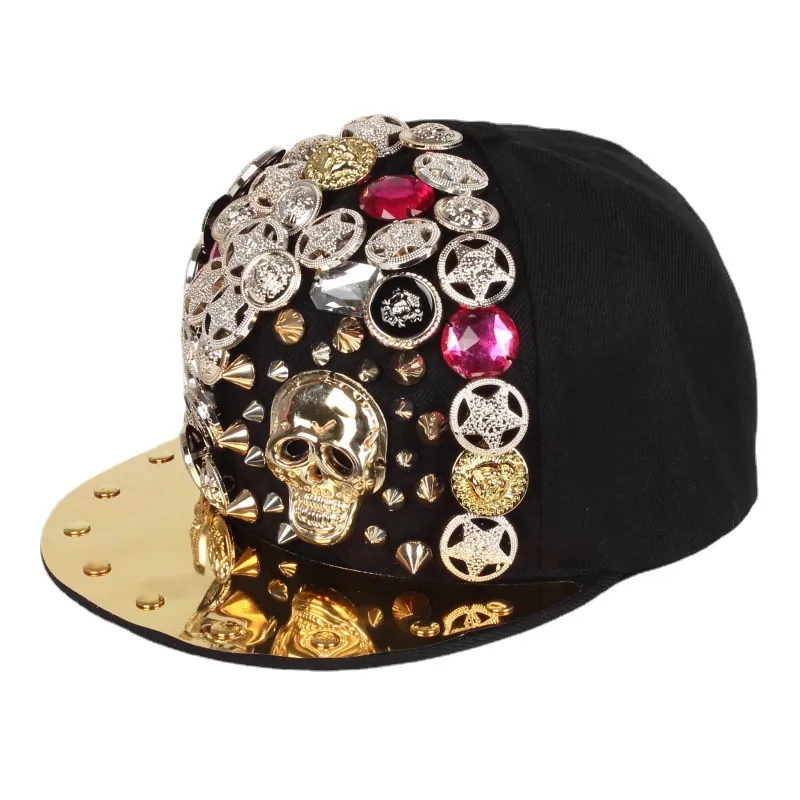 Punk Hip Hop Snapback Hat Men Women Metal Rivets Leopard Skull Emblems Flat Mirror Brim Adjustable Cotton Dance Cap