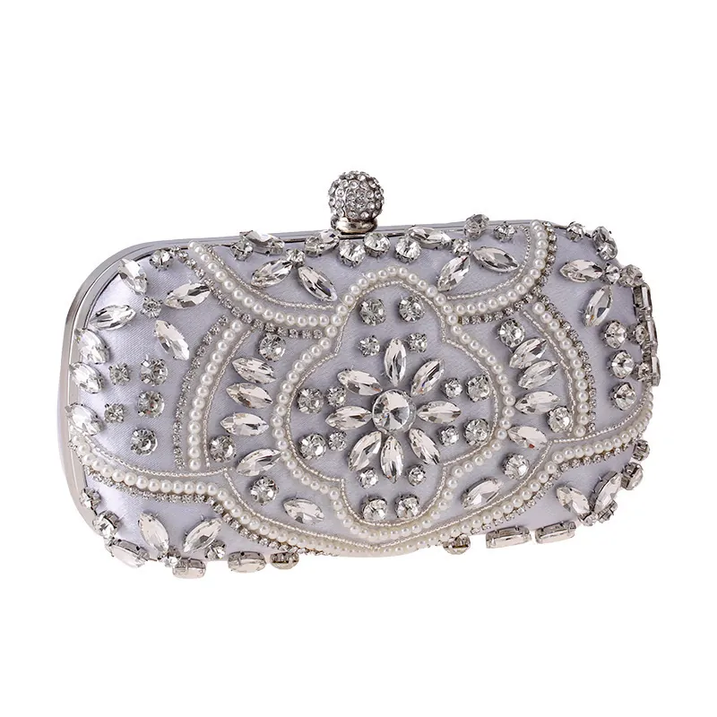 Elegant Women Evening Clutch Bag Luxury Beaded Rhinestone Artificial Pearl Embroidery Formal Wedding Party Prom Handbag With Chain