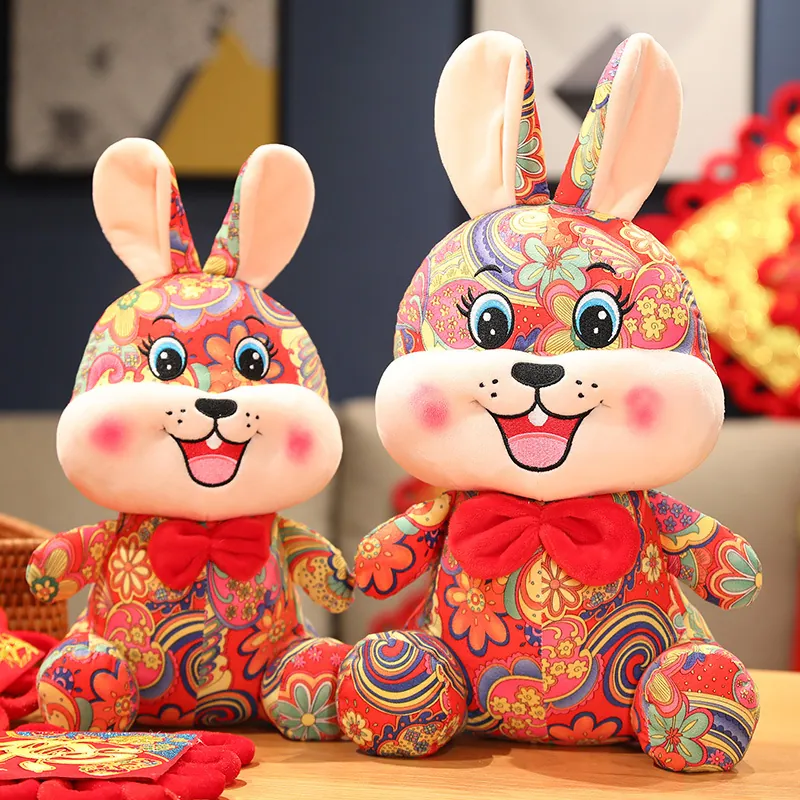 Chinesisches Neujahr Sternzeichen Hase Plüschtier Wildlederimitat Blumenmuster Kuscheltier Puppe Für Heimdeko Festgeschenk