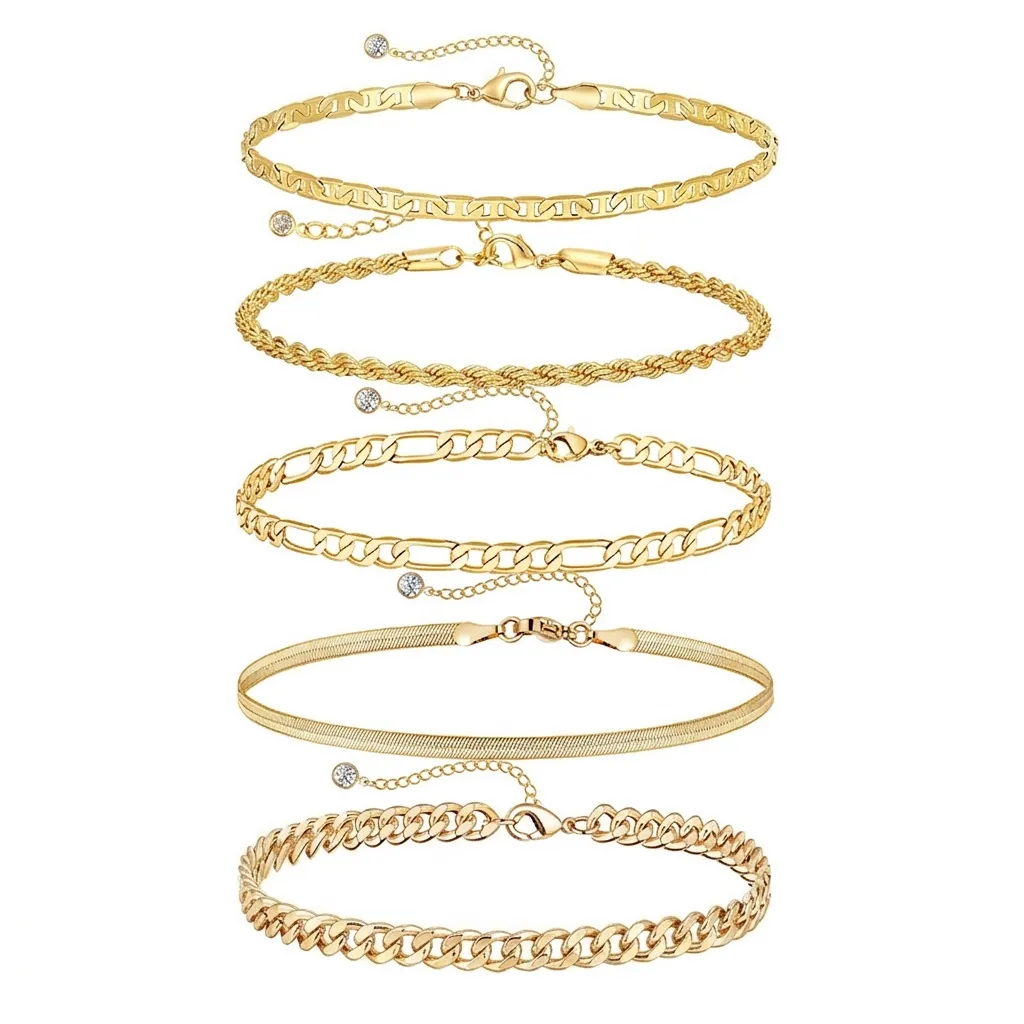 Fashion Gold Plated Stainless Steel Cuban Figaro Snake Chain Bracelets Anklets Stackable Zircon Jewelry For Women