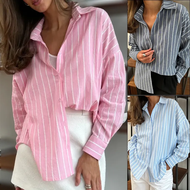 Chemisier à Rayures Verticales Décontracté pour Femmes Manches Longues Boutonné Col à Revers Coupe Ample Mode Élégante