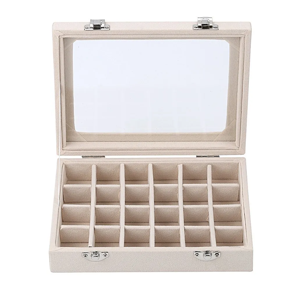 Beige Velvet Jewelry Organizer Box With Transparent Glass Lid And Metal Buckles Rectangular Slot Storage Case Earrings