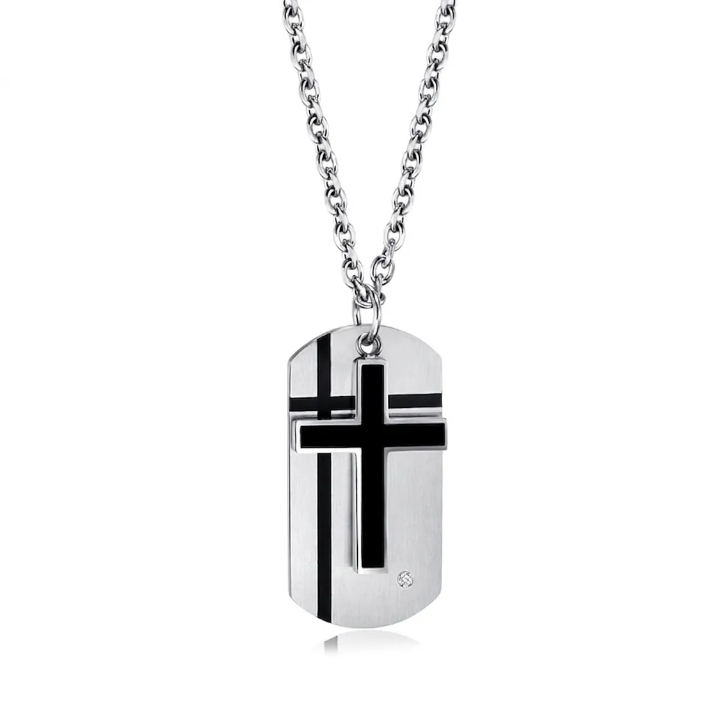 Stainless Steel Cross Dog Tag Pendant Necklace For Men Hip Hop Military Style Dual Layer With Small Rhinestone Polished Jewelry