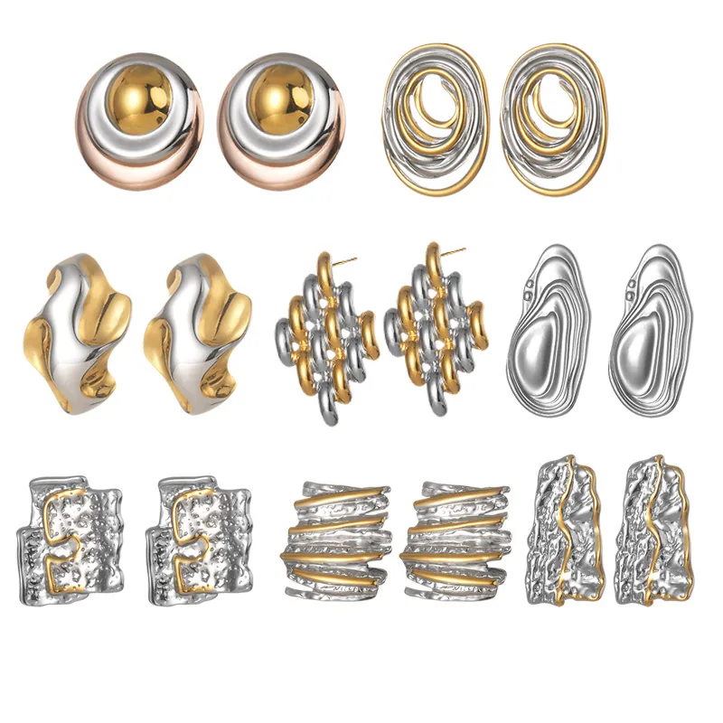 Stainless Steel Stud Earrings For Women Two Tone Gold Silver Irregular Molten Wrinkle Wave Geometric Polished Fashion
