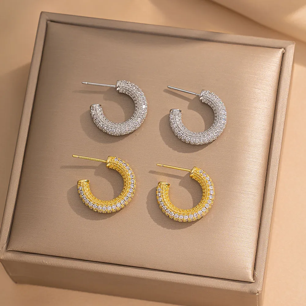 C-Förmige Creolen Volle Zirkon Strass Französischer Retro Minimalistischer Schmuck Für Damen Mit Titanstahl Ohrringpfosten