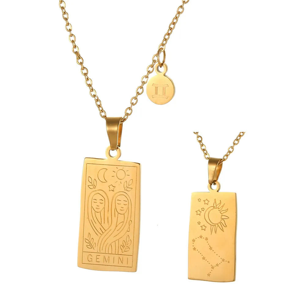 Zodiac Tarot Card Pendant Necklace Stainless Steel Alloy Double Sided Retro Rectangular Jewelry For Women Men