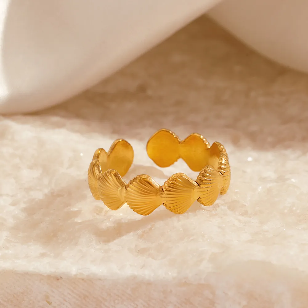 Shell Shape Adjustable Open Ring Stainless Steel 18K Gold Plated Ocean Style Geometric Jewelry For Women Bohemian