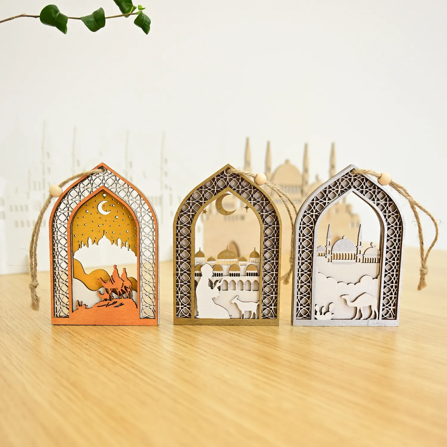 Wooden Ramadan Hanging Ornament Mosque Camel Hollow Out Islamic Style Eid Mubarak Decorative Home Plaque