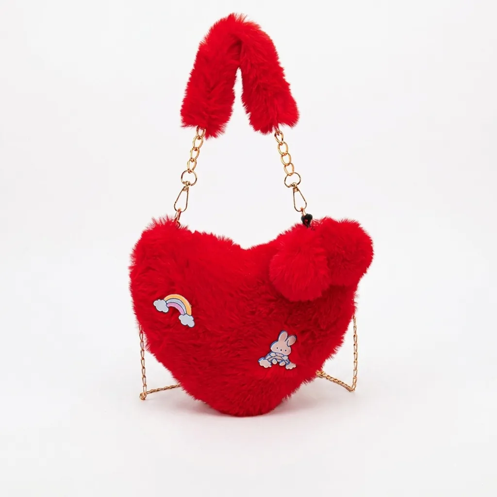 Heart Shaped Plush Crossbody Bag Faux Fur Shoulder Handbag Cartoon Bunny Rainbow Embroidery Gold Chain Strap Kawaii Women