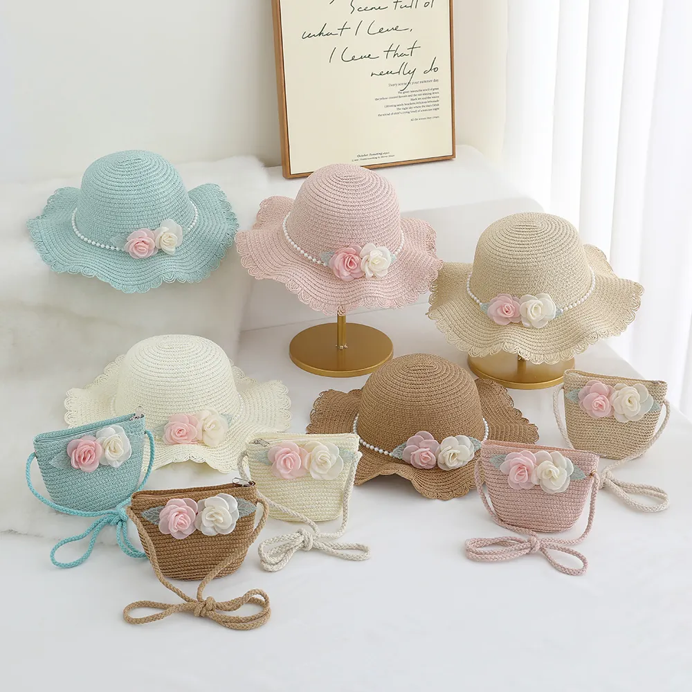 Kids Straw Hat Sun Protection Beach Cap With Artificial Pearl Flower Lace Wavy Edge Sweet Girls Summer Accessory