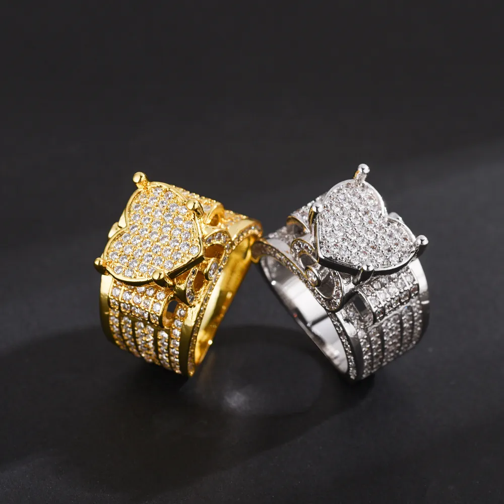 Hip Hop Iced Out Heart Ring Copper Full Zircon Micro Pave Retro Wide Band Jewelry For Men Women