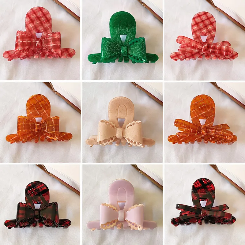 French Cellulose Acetate Bowknot Hair Claw Clip Ribbon Plaid Grid Elegant Shark Clip Retro Hair Accessory For Women