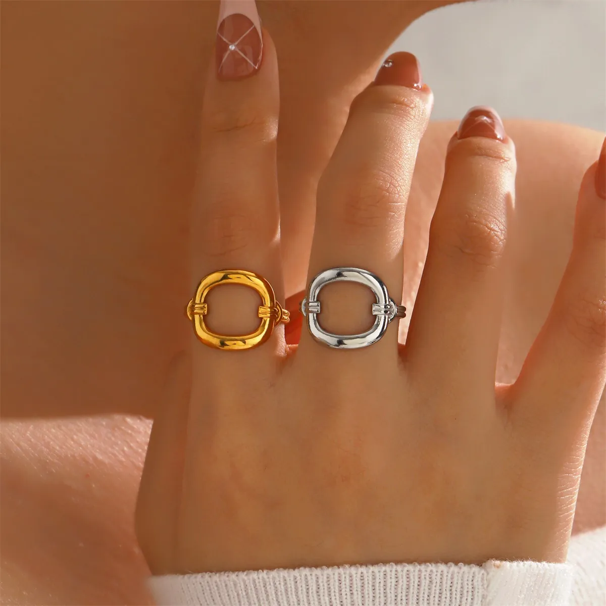 Hollow Geometric Square Ring Stainless Steel Adjustable Open Band Minimalist Fashion Jewelry For Women