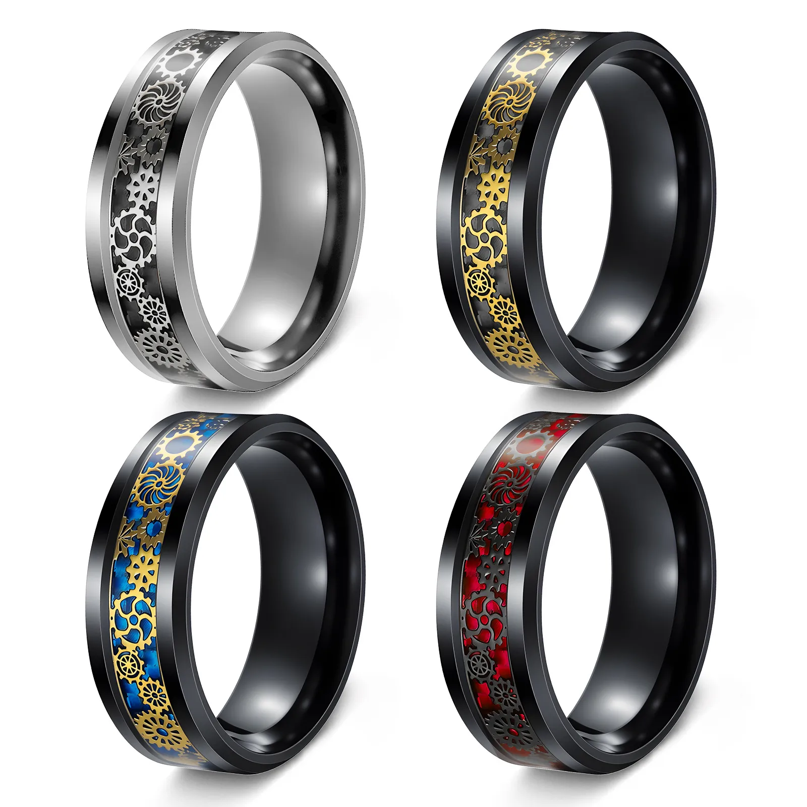 Bague À Incrustation D'engrenage Mécanique Steampunk 304 Acier Inoxydable Fibre De Carbone Style Industriel Pour Hommes