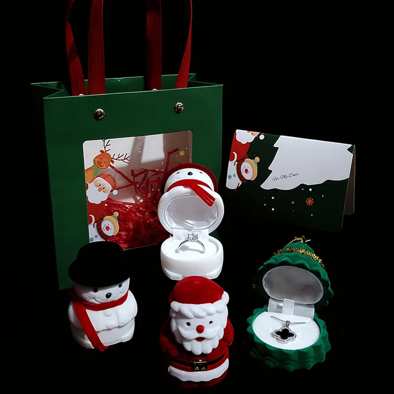 Christmas Flocked Jewelry Box Creative Santa Claus Snowman Tree Shape Ring Necklace Earring Packaging Case For Holiday Gift