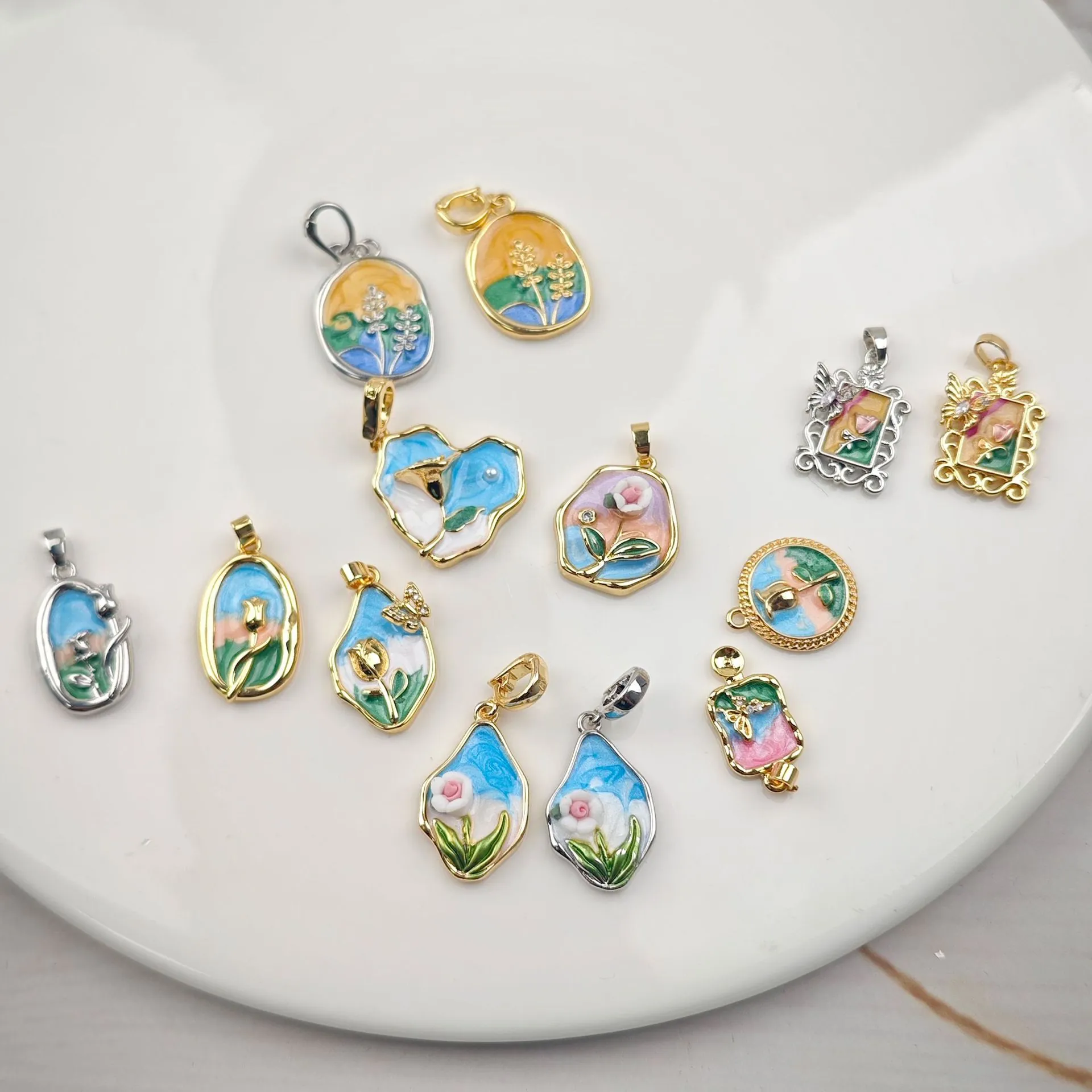 Enamel Flower Charms Copper Oil Painting Style Rose Tulip DIY Jewelry Making Pendants For Necklace Bracelet