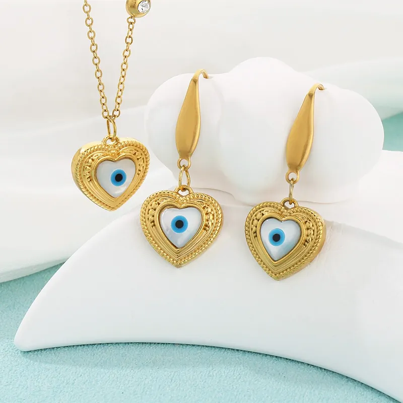 Herz Halskette Und Ohrringe Mit Bösem Blick Edelstahl 18K Vergoldet Muschel Modischer Schmuck Für Damen