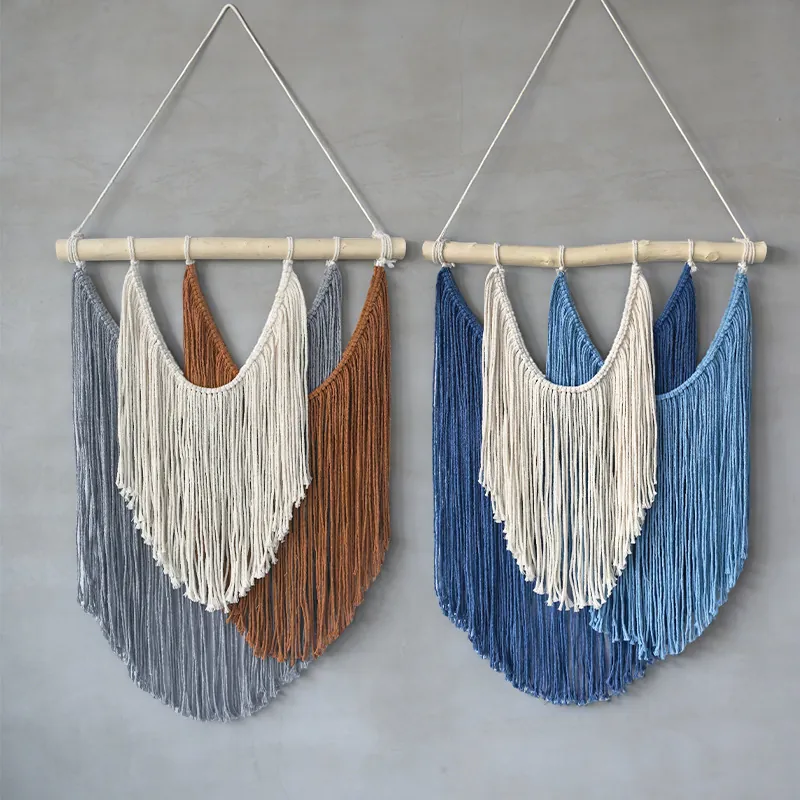 Décoration Murale Macramé Bohème Tapisserie Tissée Main En Coton Avec Tige En Bois Franges À Franges Superposées