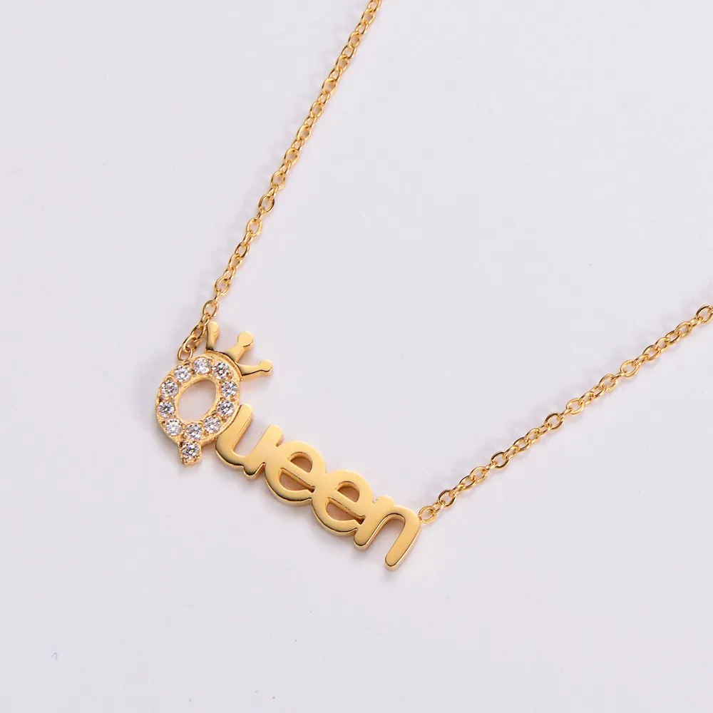 Queen Letter Crown Pendant Necklace 316L Stainless Steel With Zircon Electroplated Elegant Jewelry For Women Birthday Gift
