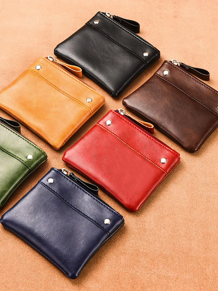 Vintage Solid Color PU Leather Coin Purse Small Mini Change Pouch With Zipper Metal Rivet Portable Wallet