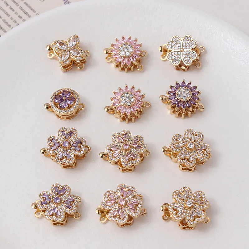 Rotatable Flower Jewelry Clasp Copper Gold Plated Zirconia Connector Buckle For DIY Artificial Pearl Necklace Bracelet Making