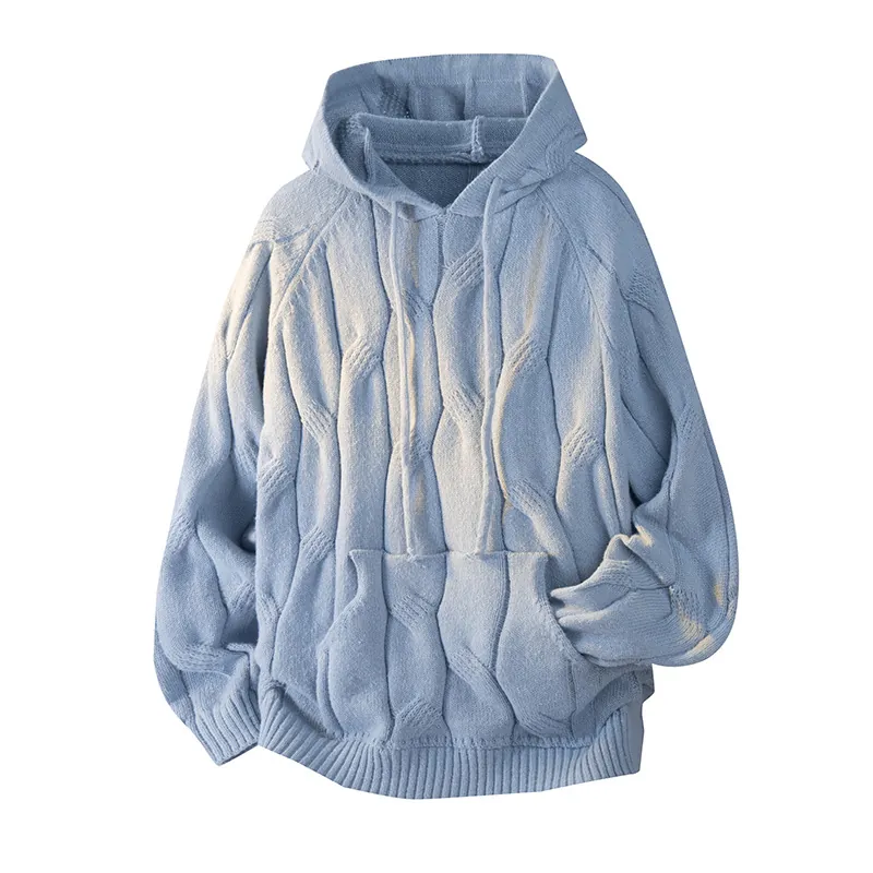 Cable Knit Hooded Sweater Polyester Oversized Hoodie With Drawstring And Kangaroo Pocket Casual Loose Top