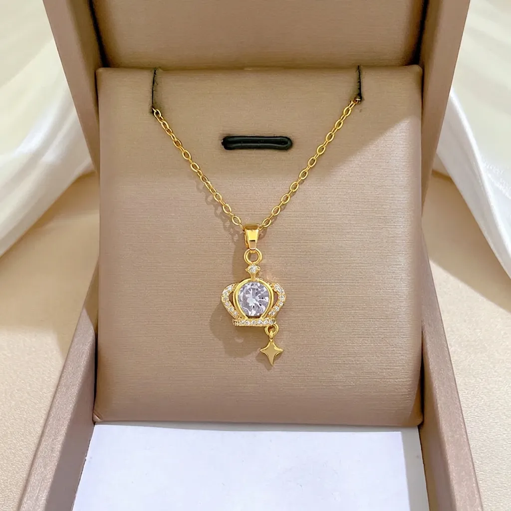 Elegant Crown Pendant Necklace Stainless Steel Chain Copper Micro Inlaid Zircon Star Charm Jewelry Gift For Women