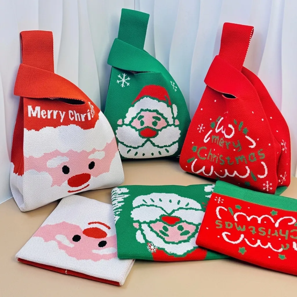 Christmas Knit Handbag Santa Snowflake Reindeer Pattern Polyester Jacquard Knot Tote Bag Festive Gift Pouch