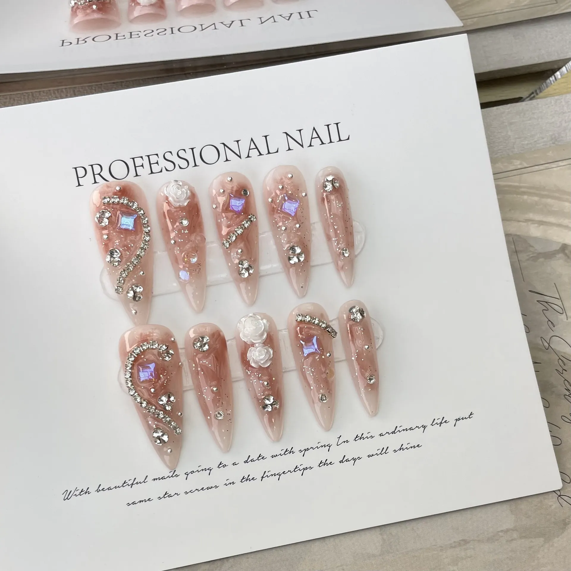 Handmade Press On Nails Pink Marble Almond Shape With 3D Flower And Rhinestone Decoration Sweet Luxury Style