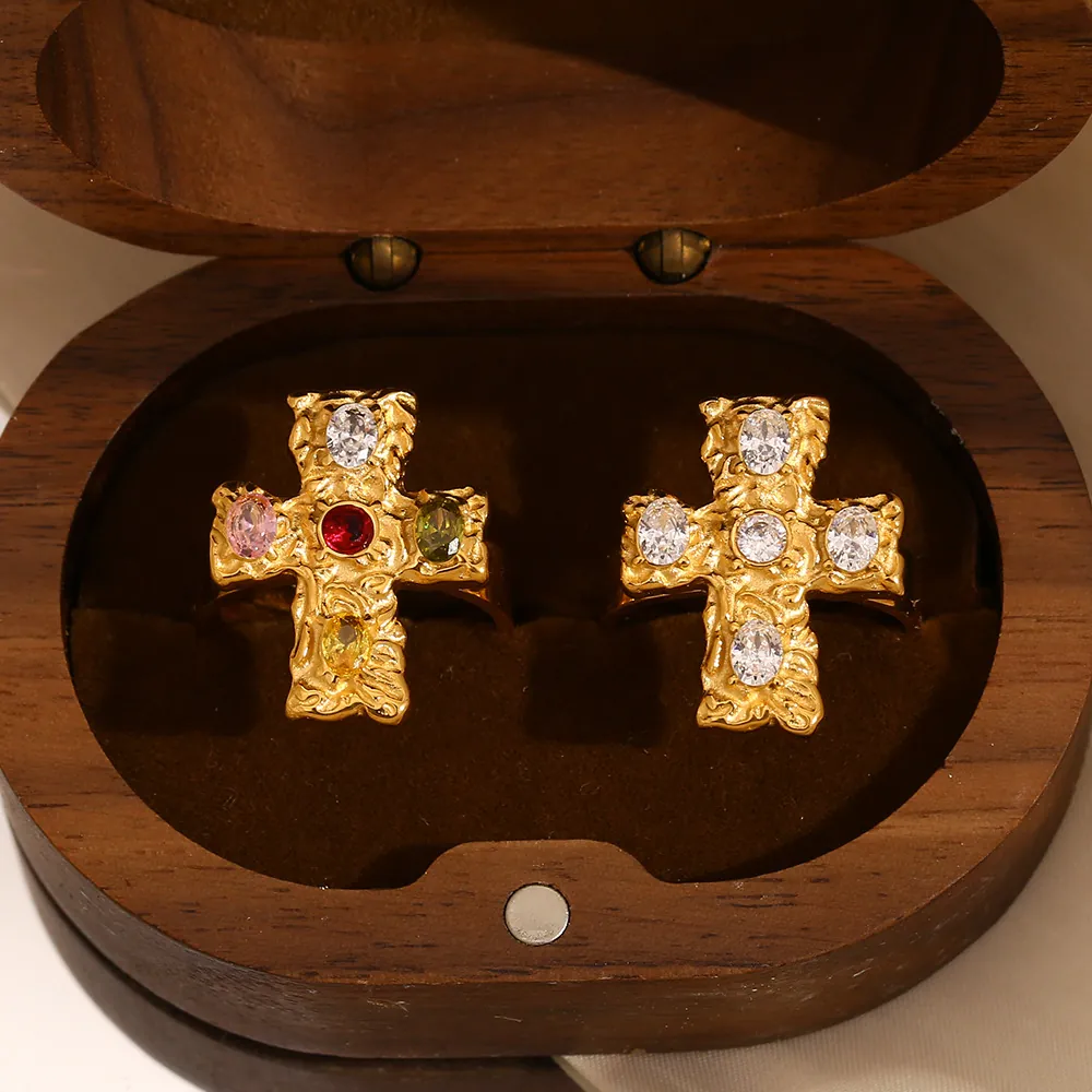 Vintage Cross Open Ring Women Stainless Steel 18K Gold Plated Zircon Hammered Texture Adjustable Fashion Jewelry