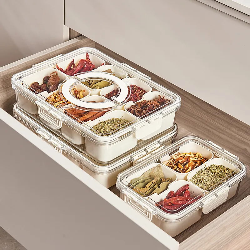 Divided Food Storage Container Plastic Multi Compartment Sealed Organizer Portable For Kitchen Spice Snack Fruit Clear Lid