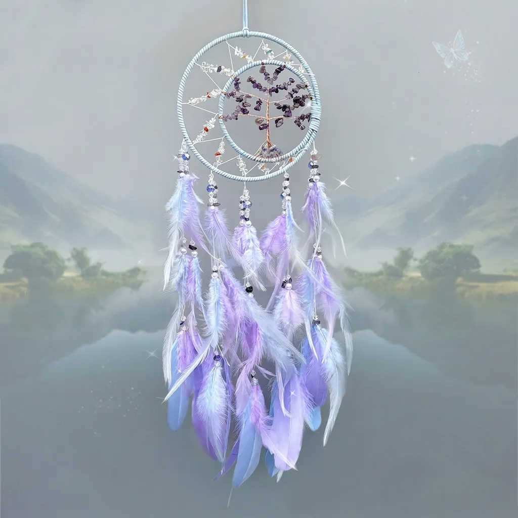 Dream Catcher Tree Of Life Handwoven Crystal Stone Feather Hanging Decoration Wall Art Bohemian Nordic Style Ornament